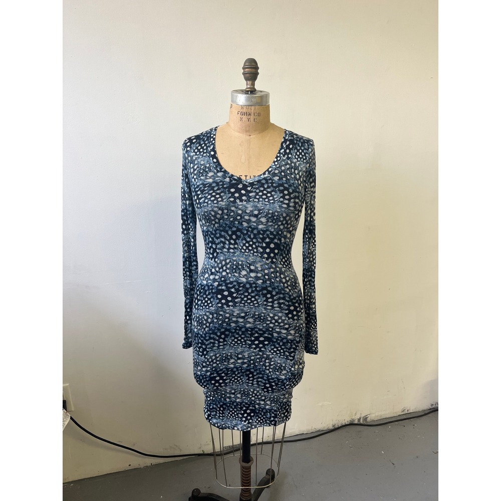 BCBGMaxazria Blue White Abstract Dot Print Long Sleeve Bodycon Dress V-Neck